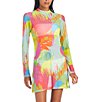 Color:Multi - Image 1 - Palm Hottie Tropical Print Mock Neck Long Sleeve Cover-Up Dress