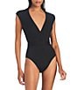 Color:Black - Image 1 - Refresh Rib Solid Plunge V-Neck Cap Sleeve One Piece Swimsuit