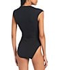 Color:Black - Image 2 - Refresh Rib Solid Plunge V-Neck Cap Sleeve One Piece Swimsuit