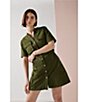 Color:Burnt Olive - Image 6 - Reissue Button Down Collar Short Sleeve Dress