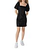 Color:Black - Image 1 - Resort Poplin Square Neck Short Puffed Sleeve Mini Shift Dress