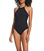 Color:Black - Image 1 - Sandbar Solid Pucker Texture High Neck One Piece Swimsuit