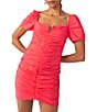 Color:Island Pink - Image 3 - Split Square Neck Short Puffed Sleeve Shirred Poplin Mini Dress