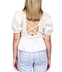 Color:White - Image 2 - Square Neck Short Puffed Sleeve Lace Up Back Smocked Top