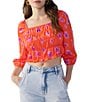 Color:Forget Me - Image 1 - Think Of Me Woven Satin Floral Print Square Neck 3/4 Puffed Sleeve Top