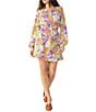 Color:Fresh Garden - Image 1 - Woven Chiffon Floral Print Round Neck Long Sleeve Elastic Waist Cut-Out Detail Mini Dress