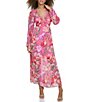 Color:Pink Multi - Image 1 - Floral V-Neck with O Ring Long Sleeve Maxi Dress