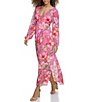 Color:Pink Multi - Image 3 - Floral V-Neck with O Ring Long Sleeve Maxi Dress