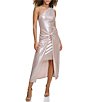 Color:Champagne - Image 1 - Liquid Metallic One Shoulder Twist Front Overlay Skirt Midi Dress