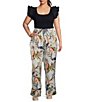 Color:Silver Green - Image 3 - Plus Size Floral Print Wide-Leg Coordinating Pull On Pants