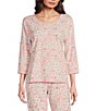 Color:Pink/White Floral - Image 1 - Floral Print Scoop Neck 3/4 Sleeve Knit Coordinating Sleep Top