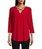Color:Rich Red - Image 1 - Slim Factor by Investment 3/4 Sleeve Criss Cross Embellished Knit Top
