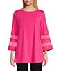 Color:Magenta - Image 1 - Slim Factor By Investments Crew Neck 3/4 Flared Mesh Insert Sleeve Coordinating Knit Top