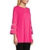 Color:Magenta - Image 3 - Slim Factor By Investments Crew Neck 3/4 Flared Mesh Insert Sleeve Coordinating Knit Top
