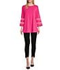 Color:Magenta - Image 5 - Slim Factor By Investments Crew Neck 3/4 Flared Mesh Insert Sleeve Coordinating Knit Top