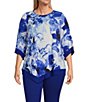 Color:Fading Floral - Image 1 - Slim Factor by Investments Plus Size Fading Floral Print 3/4 Sleeve Asymmetrical Hem Knit Top