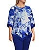 Color:Fading Floral - Image 3 - Slim Factor by Investments Plus Size Fading Floral Print 3/4 Sleeve Asymmetrical Hem Knit Top