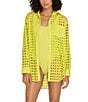 Color:Chartreuse Green - Image 1 - Oxford Point Collar Button Front Shirt Dress Cover-Up