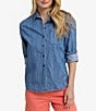 Color:Medium Wash Indigo - Image 1 - Katherine Denim Point Collar Long Sleeve Button Front Shirt