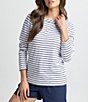 Color:Nautical Navy - Image 1 - Kimmy Stripe Long Sleeve Crew Neck Herringbone Detail Tee Shirt