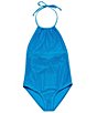 Color:Bright Blue - Image 1 - Big Girls 7-16 Crochet Halter One Piece Swimsuit