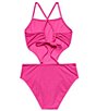 Color:Rosette - Image 2 - Big Girls 7-16 High Neck Back Cutout Two Piece Swimsuit