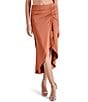 Color:Sienna - Image 1 - Ambrosia Ruched Faux Wrap Asymmetrical Hem Midi Skirt