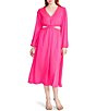 Color:Pink Glow - Image 1 - Cerys Satin Crepe V-Neck Waist Cut-Out Long Sleeve Midi Dress