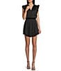Color:Black - Image 1 - Prairie Dreams Satin V-Neck Ruffle Cap Sleeve Mini Blouson Dress
