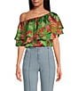 Color:Green Multi - Image 1 - Charmer Tropical Floral Print Tiered Off-The-Shoulder Cropped Ruffle Top