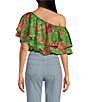 Color:Green Multi - Image 2 - Charmer Tropical Floral Print Tiered Off-The-Shoulder Cropped Ruffle Top