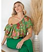 Color:Green Multi - Image 5 - Charmer Tropical Floral Print Tiered Off-The-Shoulder Cropped Ruffle Top