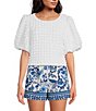Color:White - Image 1 - Crew Neck Short Puff Sleeve Textured Bubble Crop Top