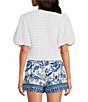 Color:White - Image 2 - Crew Neck Short Puff Sleeve Textured Bubble Crop Top