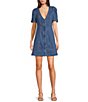 Color:Denim Blue - Image 1 - Denim V-Neck Short Sleeve Slim Fit Zip Front Sheath Mini Dress
