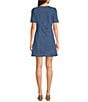 Color:Denim Blue - Image 2 - Denim V-Neck Short Sleeve Slim Fit Zip Front Sheath Mini Dress