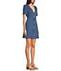 Color:Denim Blue - Image 3 - Denim V-Neck Short Sleeve Slim Fit Zip Front Sheath Mini Dress