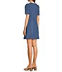 Color:Denim Blue - Image 4 - Denim V-Neck Short Sleeve Slim Fit Zip Front Sheath Mini Dress