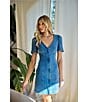 Color:Denim Blue - Image 5 - Denim V-Neck Short Sleeve Slim Fit Zip Front Sheath Mini Dress