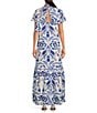 Color:White Blue - Image 2 - Floral Print Mock Neck Short Sleeve Maxi Dress