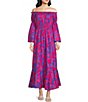 Color:Cerulean/Pink - Image 1 - Floral Print Off-The-Shoulder Long Bell Sleeve Maxi Dress