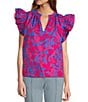 Color:Cerulean/Pink - Image 1 - Floral Print Split V-Neck Ruffle Cap Sleeve Blouse