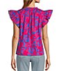Color:Cerulean/Pink - Image 2 - Floral Print Split V-Neck Ruffle Cap Sleeve Blouse