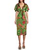 Color:Green Multi - Image 1 - Joelle Floral Tropical Print Satin V-Neck Front Tie Side Cut Out Midi Dress