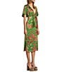 Color:Green Multi - Image 3 - Joelle Floral Tropical Print Satin V-Neck Front Tie Side Cut Out Midi Dress