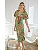 Color:Green Multi - Image 6 - Joelle Floral Tropical Print Satin V-Neck Front Tie Side Cut Out Midi Dress