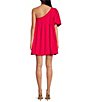 Color:Fuchsia - Image 2 - Loraine Bubble One Shoulder Puff Sleeve Pleated Mini A-Line Dress