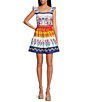 Color:White Multi - Image 1 - Mixed Print Square Neck Sleeveless Ruffle Tiered Dress