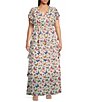 Color:White Multi - Image 1 - Plus Size Butterfly V-Neck Cap Sleeve Ruffle Tiered Maxi Dress