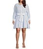 Color:Blue White - Image 1 - Plus Size Cotton Poplin Contrast Trim Point Collar Long Sleeve Button-Front Belted Tiered Shirt Dress